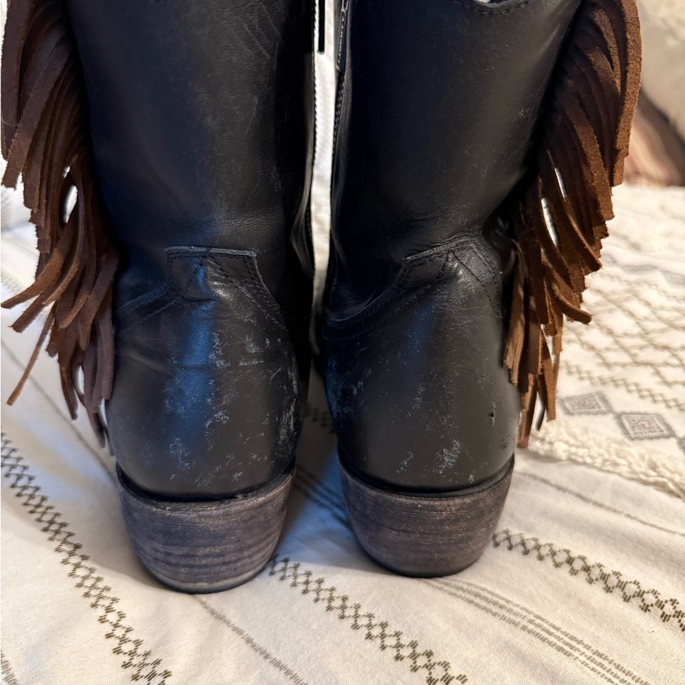 LIBERTY Black Leather Heeled Boots with Fringe - Picture 5 of 8